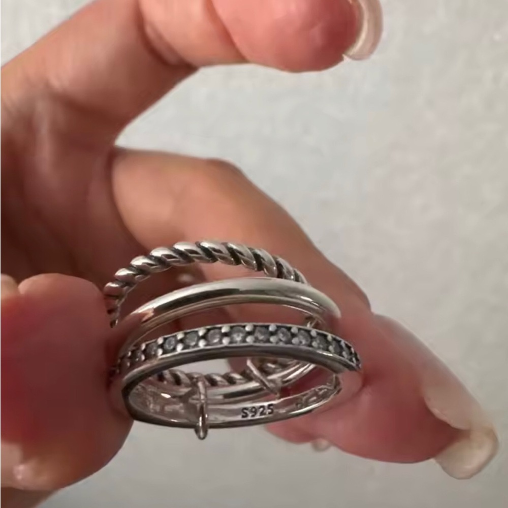 Sterling Silver Twisted and Pavé Stackable Ring - Silver - Picture 3 of 3